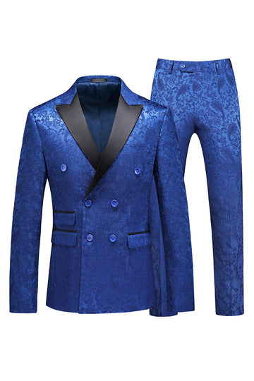 Peak Lapel Jacquard 2 Piece Blue Double Breasted Men's Suits